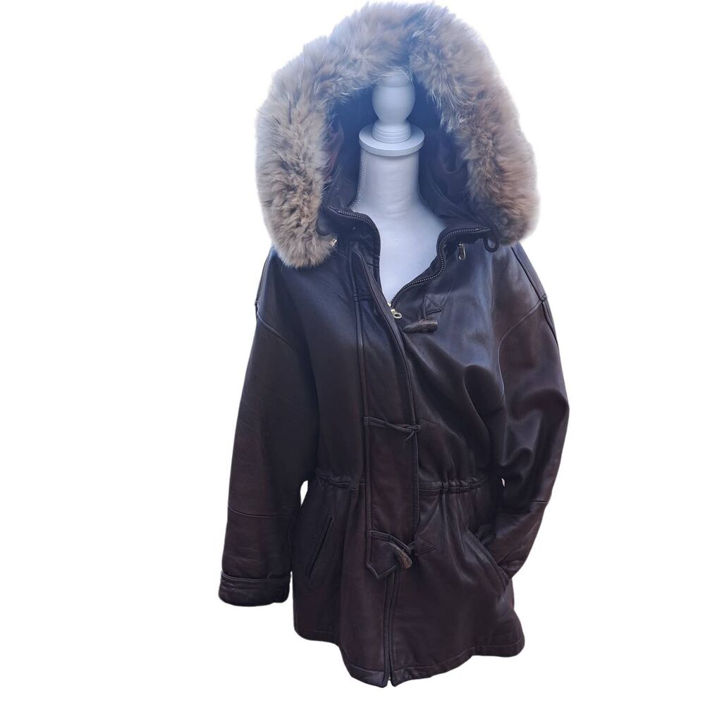 Andrew Marc Brown Leather Jacket with Fur Hood